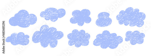 Cute chalk pastel cloud doodle set. Hand drawn kid’s style cartoon sky symbols with fluffy clouds. Crayon sketch weather elements vector isolated on background