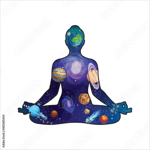 A double exposure silhouette of a person in a yoga lotus pose, filled with a cosmic scene of planets and galaxies vector illustration