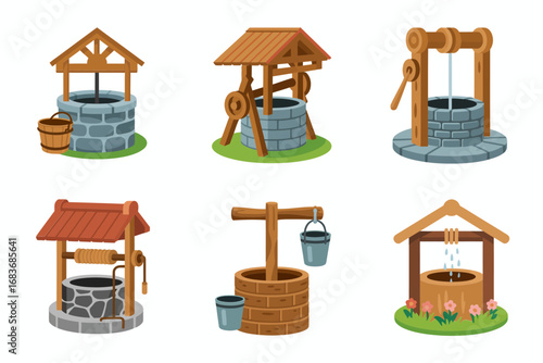 Old wooden water well icons, stone and timber wells, bucket rope pulley, village rustic water source illustrations