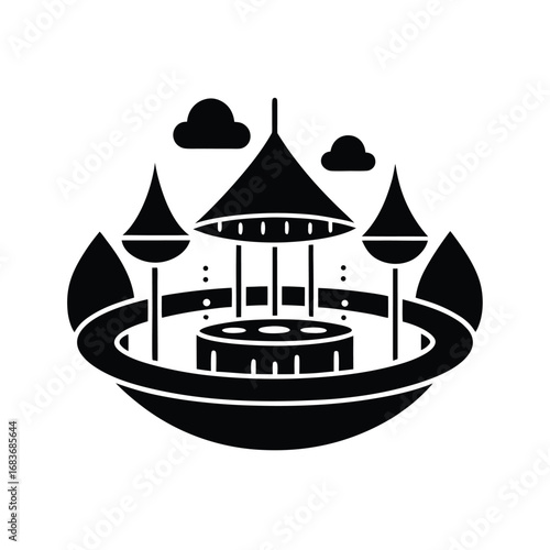 Vector art of a stylized black and illustration of a carousel with a central pavilion and surrounding decorative elements, set against a plain, evoking a sense of amusement and entertainment