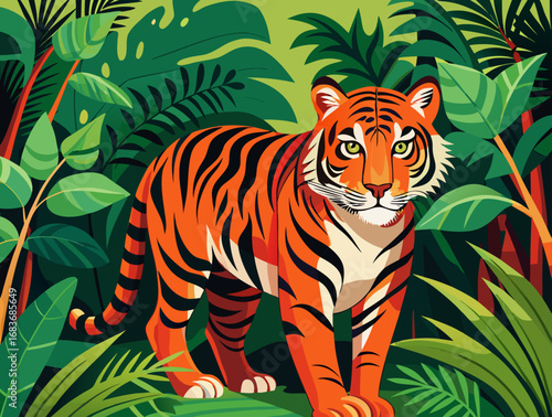 Fierce Tiger in Dense Jungle – Vector Wildlife Artwork
