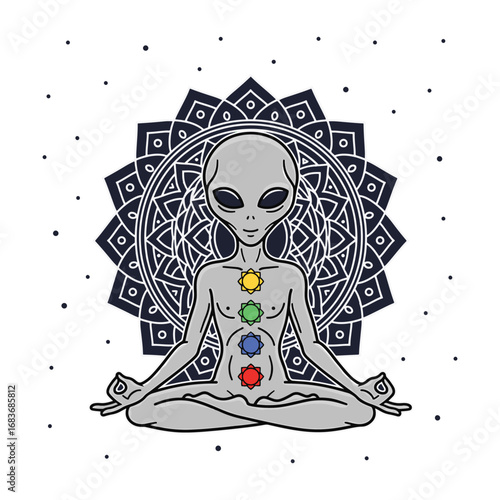 A spiritual grey alien with seven glowing chakras, meditating in a lotus pose in front of a complex cosmic mandala vector illustration