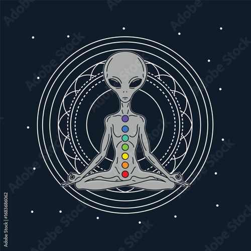A meditating grey alien with glowing chakras, sitting within sacred geometry circles on a dark cosmic background vector illustration