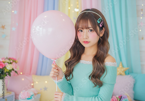パステルカラーの部屋で風船を持つ可愛い女性