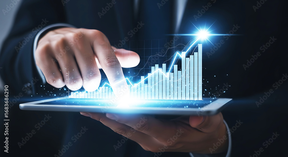 Fototapeta premium Businessman interacting with futuristic financial data visualization