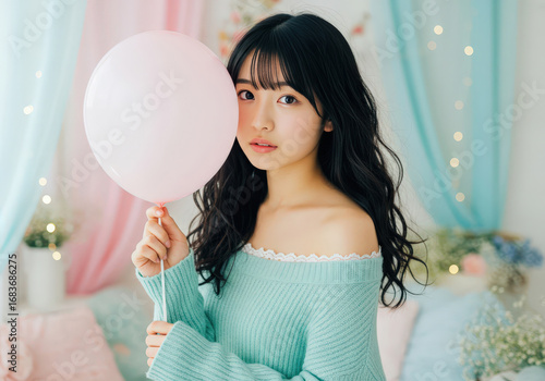 ピンクの風船を持つ夢かわいい若い女性のポートレート