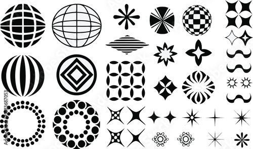 Abstract Black and White Geometric Icons – Minimal Retro Vector Shapes, Decorative Globe Patterns, Optical Symbol Graphic Design Elements Pack