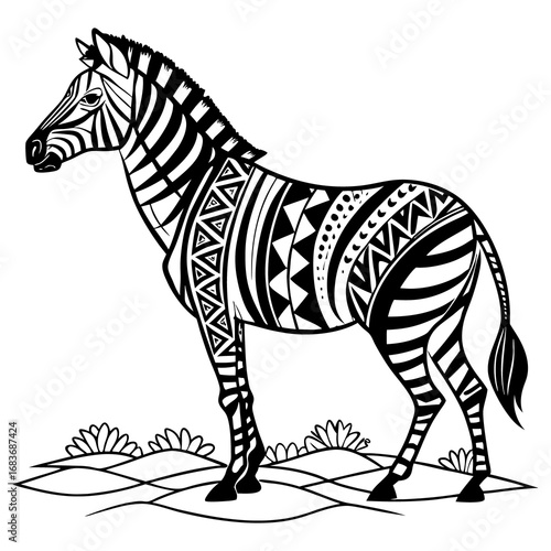 A cute cartoon zebra with black and white stripes is illustrated in profile on a white background