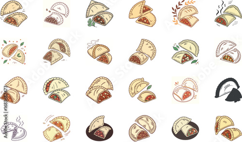 Colorful hand drawn fast food vector illustration set including burgers, pizza slices, tacos, wraps, sandwiches, french fries, nachos, shawarma, garlic bread, desserts and snacks – cartoon junk food i