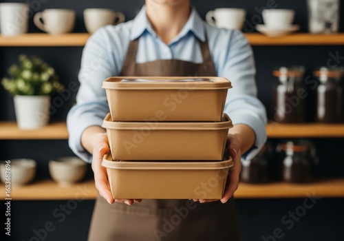 Person holding stack of takeout food containers