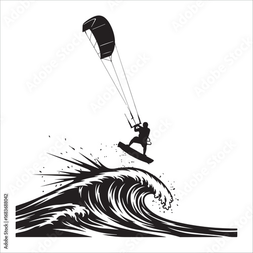 Silhouette of a kitesurfer performing a jump over a crashing wave