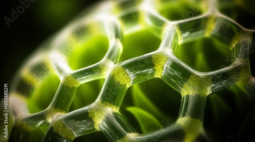 A close-up of a hexagonal grid with thin, flexible strands, creating a repeating pattern illuminated from above,