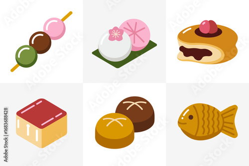 Japanese sweets vector illustrations, dango taiyaki mochi dorayaki wagashi dessert icons, traditional confectionery, tea time treat graphics