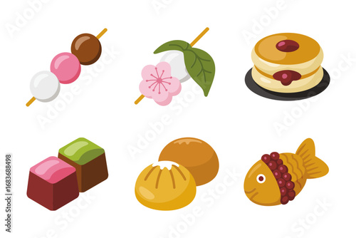 Japanese sweets vector illustrations, wagashi dessert icons including dango taiyaki dorayaki manju yokan, traditional confectionery, tea time treats