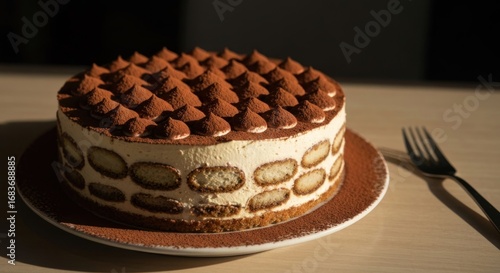 Wallpaper Mural Round tiramisu cake on plate, topped with cocoa Torontodigital.ca