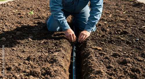 Gardener kneeling in soil carefully laying irrigation pipe into a dug trench for watering plants