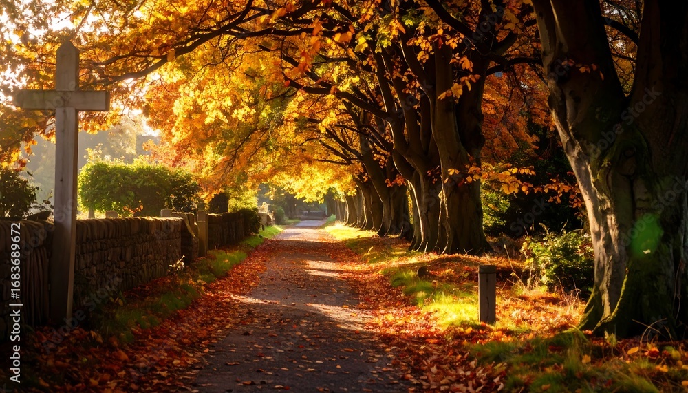 Naklejka premium Autumnal pathway through a tree-lined avenue