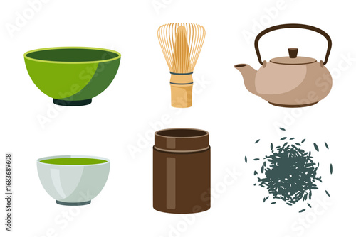 Matcha tea ceremony vector illustrations, teapot chasen chawan tea leaves icons, Japanese drink preparation set, traditional beverage graphics