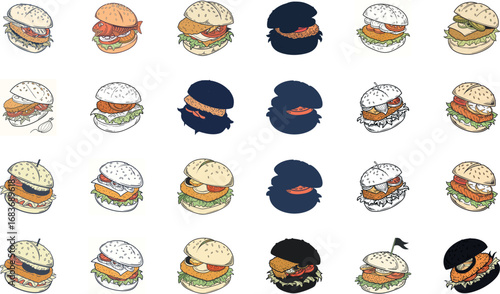 Colorful hand drawn fast food vector illustration set including burgers, pizza slices, tacos, wraps, sandwiches, french fries, nachos, shawarma, garlic bread, desserts and snacks – cartoon junk food i