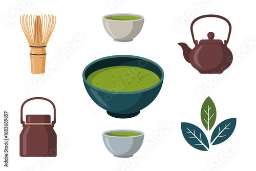Green tea set vector illustrations, Japanese chawan chasen teapot leaf icons, cultural drink preparation pack, healthy beverage graphics