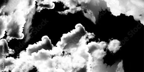 Black sky nature background, cloudy, white and black, horizontal. White cloud with black background. Textured Smoke, Abstract white, isolated on black background. White cloud isolated on black bg. 