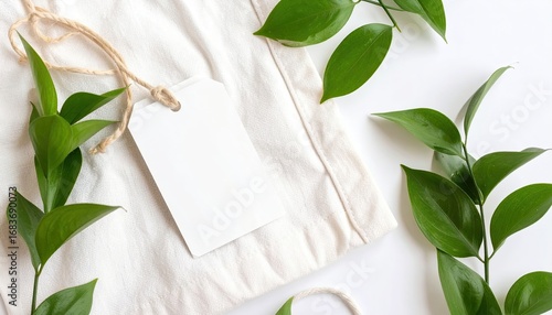Blank tag on beige canvas tote bag surrounded by greenery