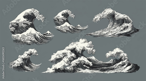 Collection of Great Wave inspired drawings with various sizes and dramatic artistic representation on gray background