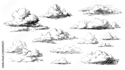 Collection of hand drawn clouds in various shapes and sizes perfect for design and decoration on a white background
