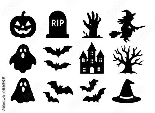 Silhouette halloween icons featuring pumpkin tombstone witch bat and haunted house