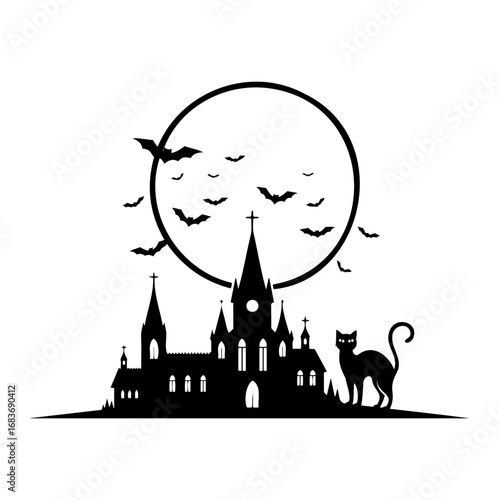 Silhouette of a spooky castle with bats flying in front of a full moon and a cat