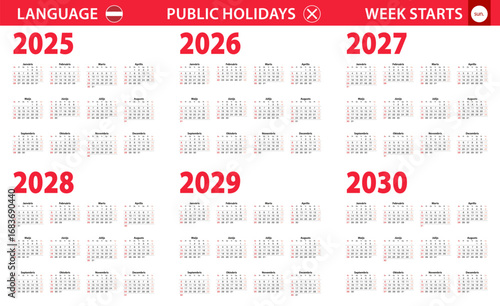 2025-2030 year calendar in Latvian language, week starts from Sunday.