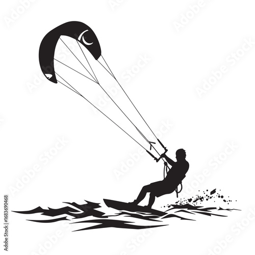 Silhouette of a kitesurfer riding a wave with a large kite