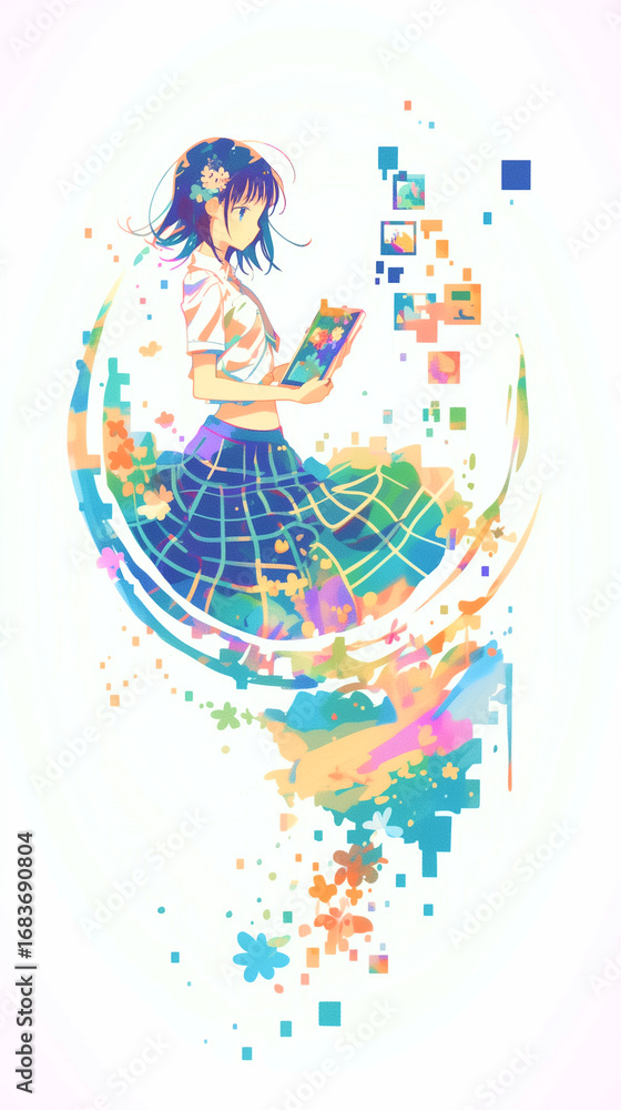 Obraz premium 物思いにふける女の子。イラスト。デザイン。