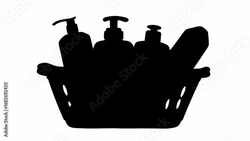 Silhouette of a basket filled with toiletries including bottles with pumps and a bar of soap inside it