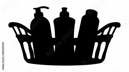 Silhouette of a basket containing three bottles of liquid soap and shampoo products in a bathroom setting