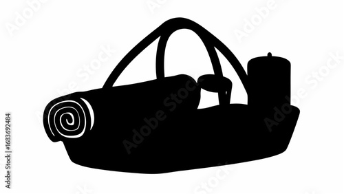 A black silhouette of a tote bag with a rolled mat and a water bottle sticking out of the top edge of bag