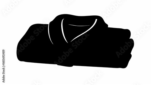 Silhouette of a folded black bathrobe with a visible collar and overlapping layers on a white background