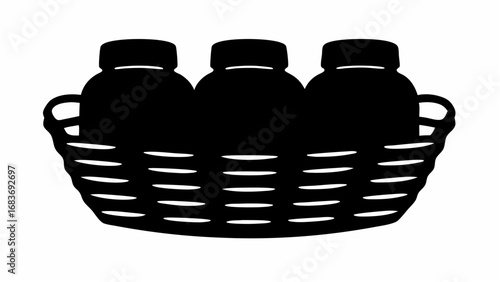Three bottles in a woven basket illustration showing a simple black and white graphic of containers together silhouette
