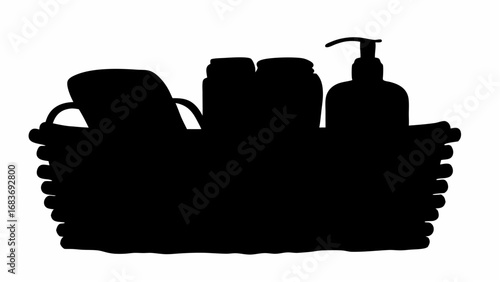 Silhouette of a basket filled with various toiletries including bottles and flip flops on a white background