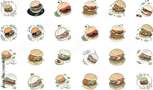 Colorful hand drawn fast food vector illustration set including burgers, pizza slices, tacos, wraps, sandwiches, french fries, nachos, shawarma, garlic bread, desserts and snacks – cartoon junk food i