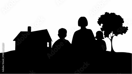Silhouette of a house with a chimney and a family with a tree on a white background in monochrome art