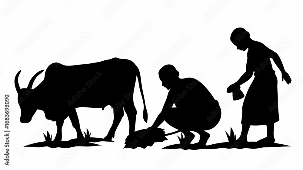 Fototapeta premium Silhouette of a cow with large horns and two people tending to the land in a rural setting design