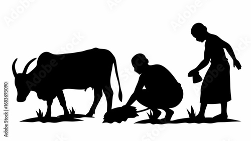 Silhouette of a cow with large horns and two people tending to the land in a rural setting design