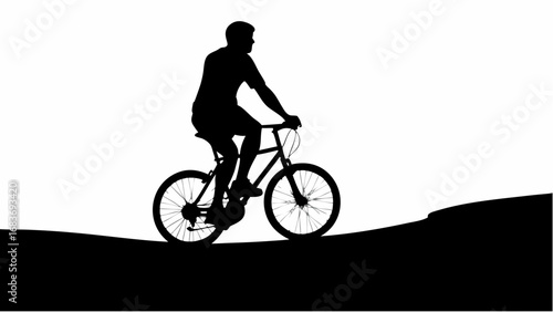 Silhouette of a man riding a bicycle uphill against a white background on a black ground plane area