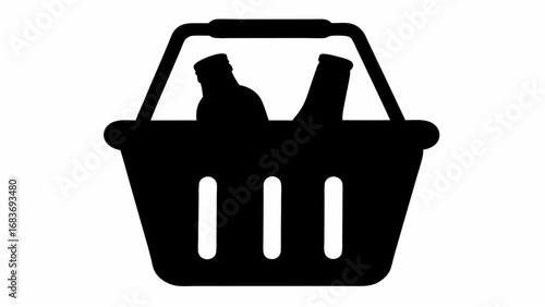 A black silhouette of a shopping basket containing two bottles with a handle on a white background