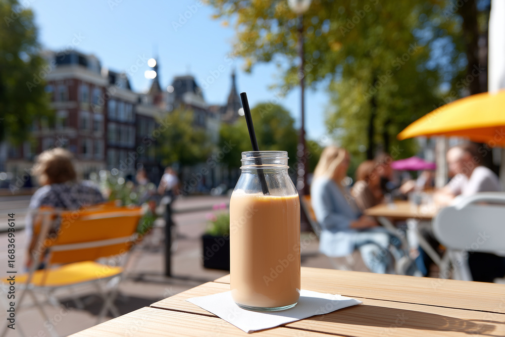 Fototapeta premium A refreshing iced coffee in a glass bottle on a wooden table in an outdoor cafe, with blurred figures and urban backdrop on a bright sunny day.
