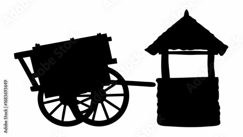 Silhouette of a wooden cart with spoked wheels and a well with a thatched roof on a white background