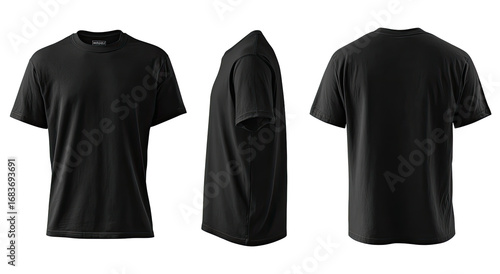 Three-view mockup of a black t-shirt