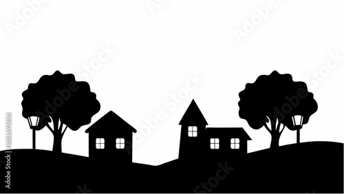 A silhouette landscape featuring houses trees and a lamppost creating a stark contrast against the white sky