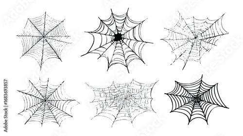 Collection of spider web illustrations for Halloween decorations and spooky designs with unique web patterns